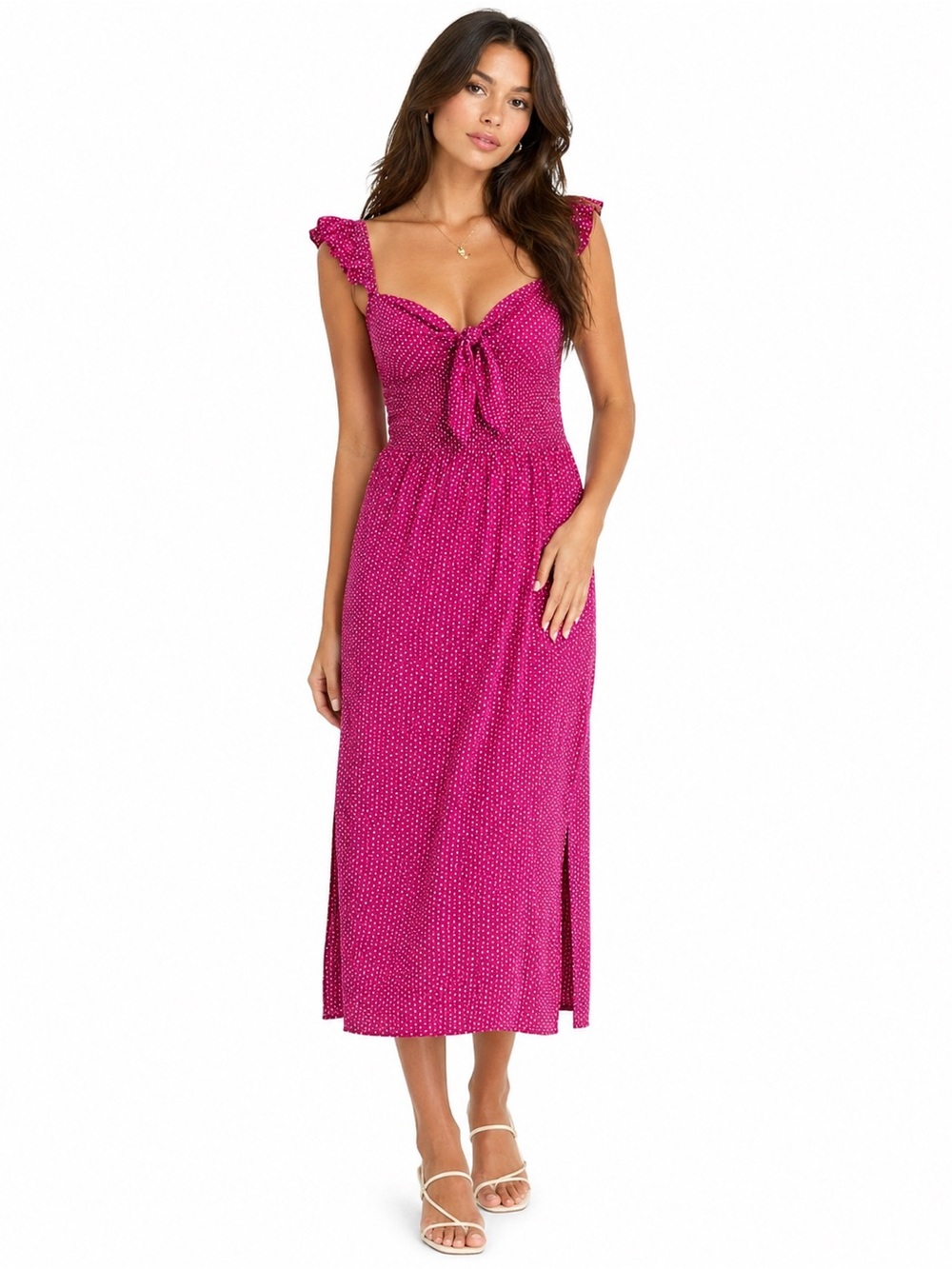 Billabong‎ Pink Polka Dot Midi Dress L Smocked Tie Front Sundress Cottagecore